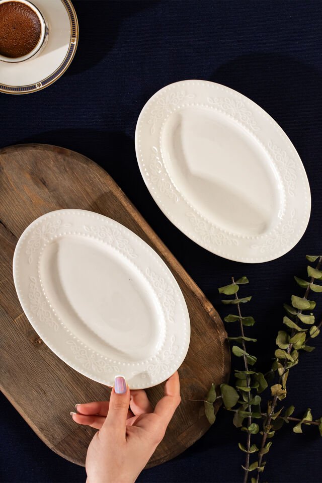 Porsima 4460 Burçak Porselen Kayık Tabak Seti - Oval Kahvaltılık Sunumluk Seti 20cm