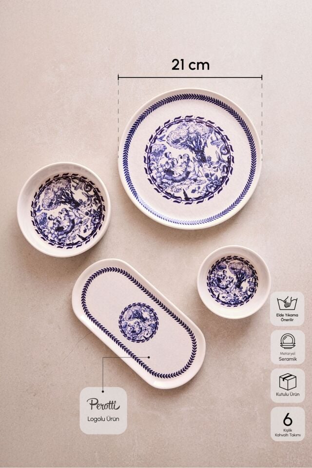 Perotti French Vintage 14 Parça Seramik 6 Kişilik Kahvaltı Takımı Mavi