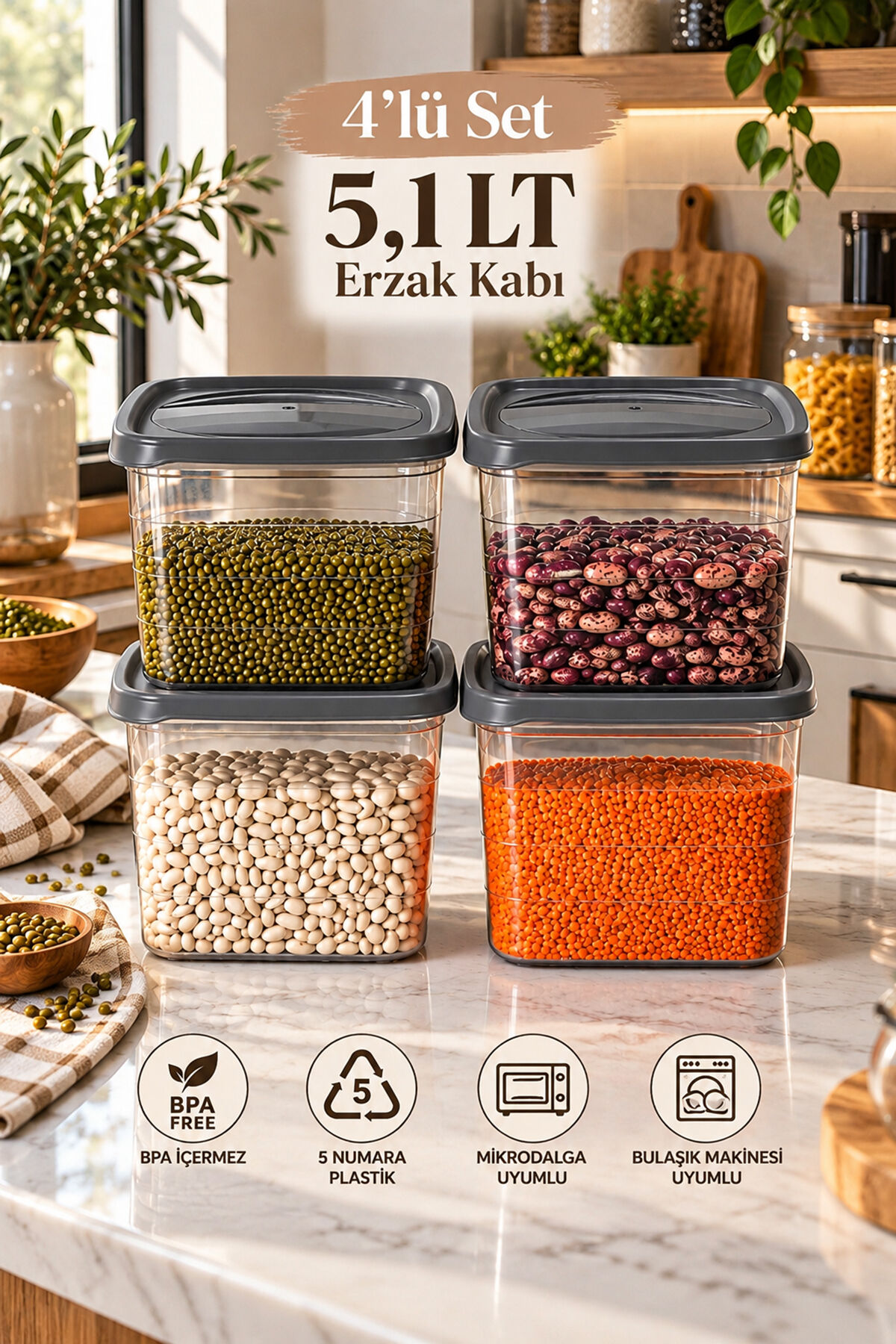 Porsima 0976 4'lü Kare Erzak Saklama Kabı Seti 5,1 LT Koyu Gri - Şeffaf Bakliyat, Deterjan & Mutfak Düzenleyici Kutu