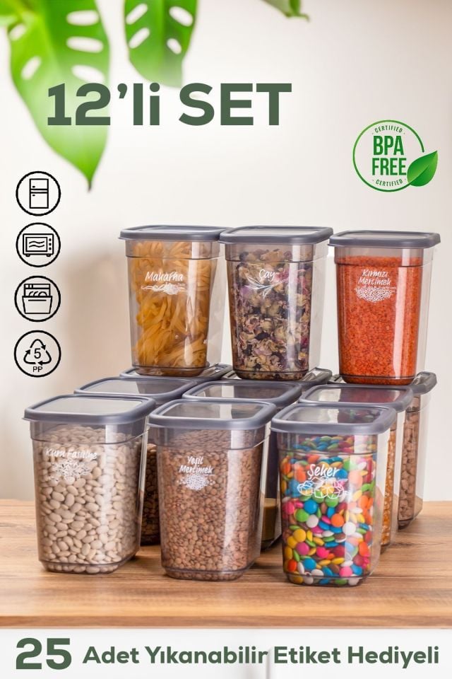 Porsima 1023 12 li Etiketli Kapaklı Dikdörtgen Çok Amaçlı Gıda Erzak Saklama Kabı Seti - 2,1 Lt