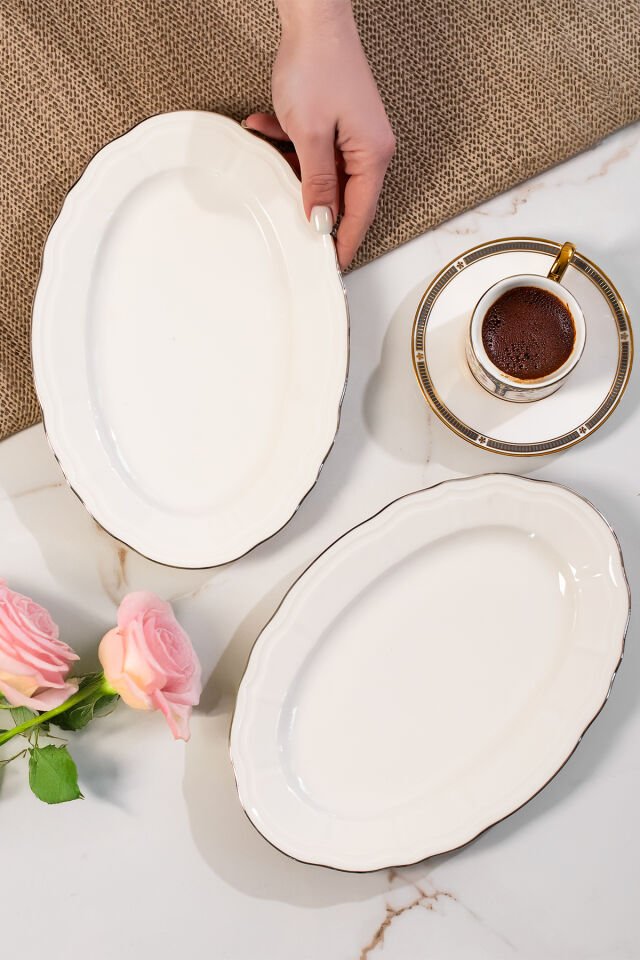 Porsima 4449 Tiffany Porselen Platin Fileli Kayık Tabak Seti - Oval Kahvaltılık Sunumluk Seti 25cm