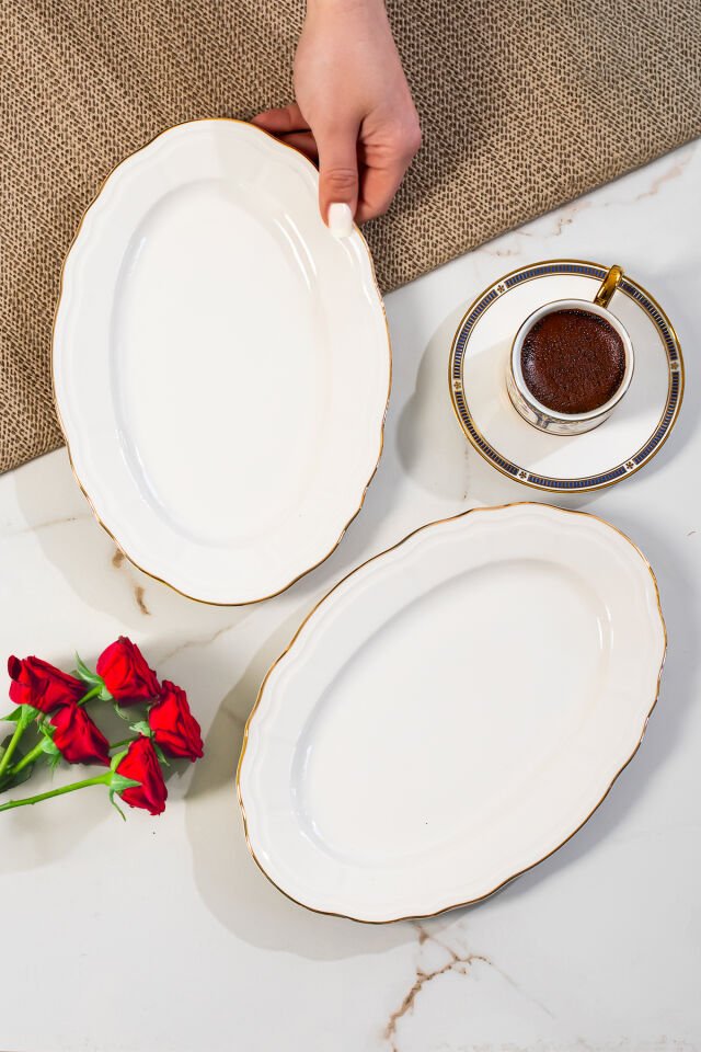 Porsima 4448 Tiffany Porselen Altın Fileli Kayık Tabak Seti - Oval Kahvaltılık Sunumluk Seti 25cm