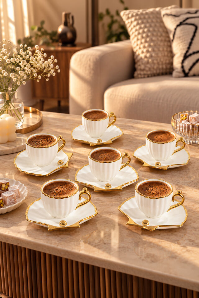 Porsima A-514 6 Kişilik Porselen Türk Kahvesi Fincan Takımı - Zümrüt Gold Yaldızlı Deniz Kabuğu / İstiridye Tasarım Fincan Seti
