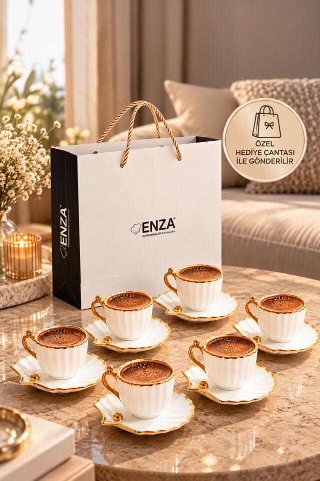Porsima A-514 6 Kişilik Porselen Türk Kahvesi Fincan Takımı - Zümrüt Gold Yaldızlı Deniz Kabuğu / İstiridye Tasarım Fincan Seti