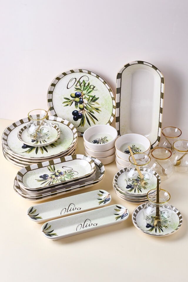 Perotti Olives 37 Parça Yaldızlı Kahvaltılık Seti Çay Seti 6 Kişilik Stackable Kahvaltı Takımı Çay Takımı