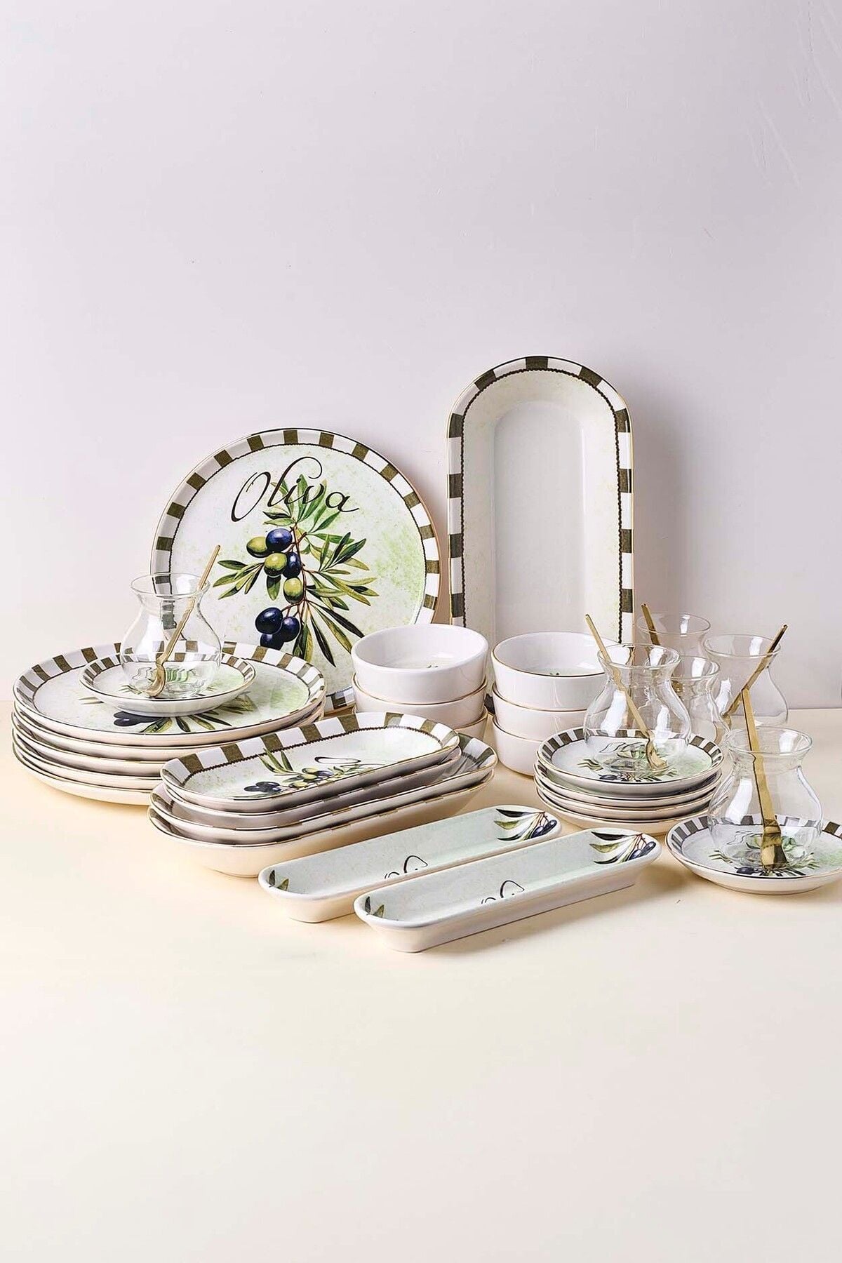 Perotti Olives 37 Parça Yaldızlı Kahvaltılık Seti Çay Seti 6 Kişilik Stackable Kahvaltı Takımı Çay Takımı