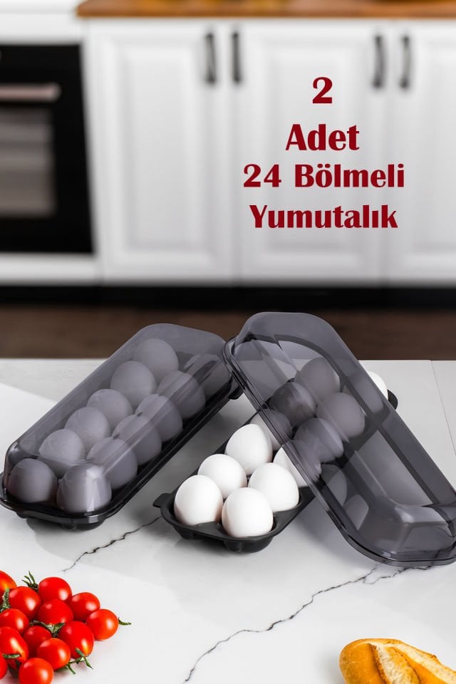 Porsima L-00628 12 Bölmeli Kapaklı 2'li Yumurtalık Buzdolabı Yumurta Saklama Kabı - Antrasit Siyah