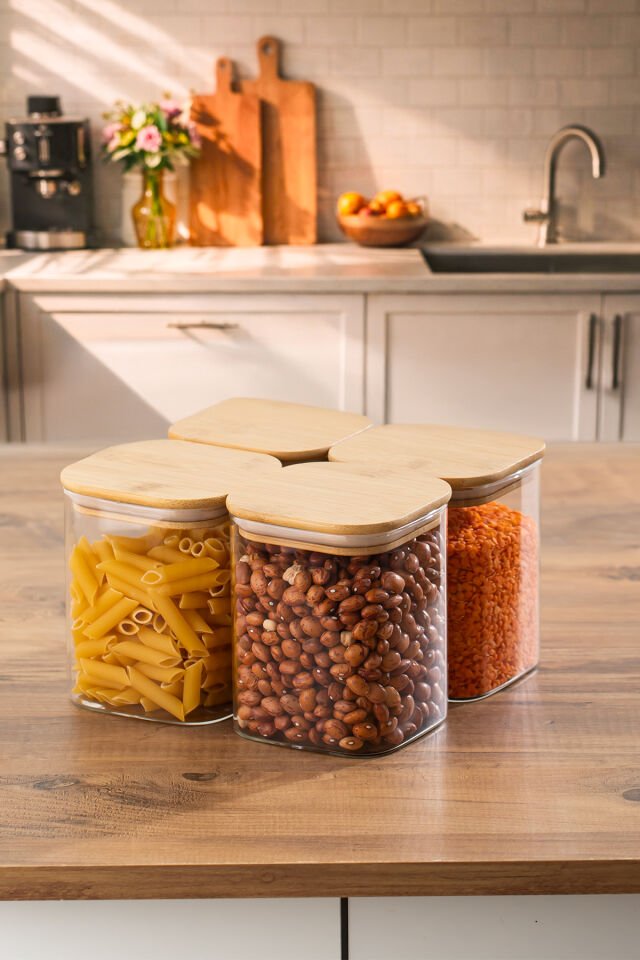 Porsima 5-4 Bambu Vakumlu Kapaklı Kare Borsilikat Cam 4lü Kavanoz Seti Saklama Kabı 750ml 7,5x15cm