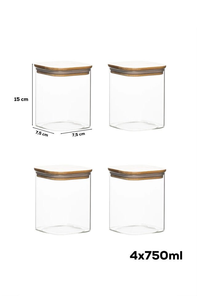 Porsima 5-4 Bambu Vakumlu Kapaklı Kare Borsilikat Cam 4lü Kavanoz Seti Saklama Kabı 750ml 7,5x15cm