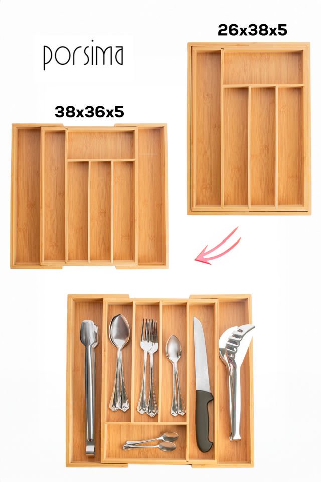 Porsima Ölçü Ayarlı 5-7 Bölmeli Bambu Kaşıklık - Çekmece İçi Tezgah Üstü Kaşıklık Organizer