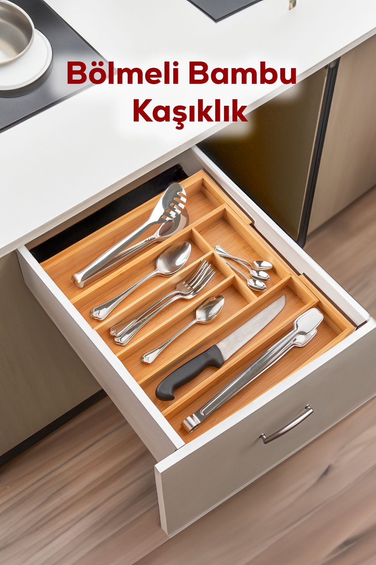 Porsima Ölçü Ayarlı 5-7 Bölmeli Bambu Kaşıklık - Çekmece İçi Tezgah Üstü Kaşıklık Organizer