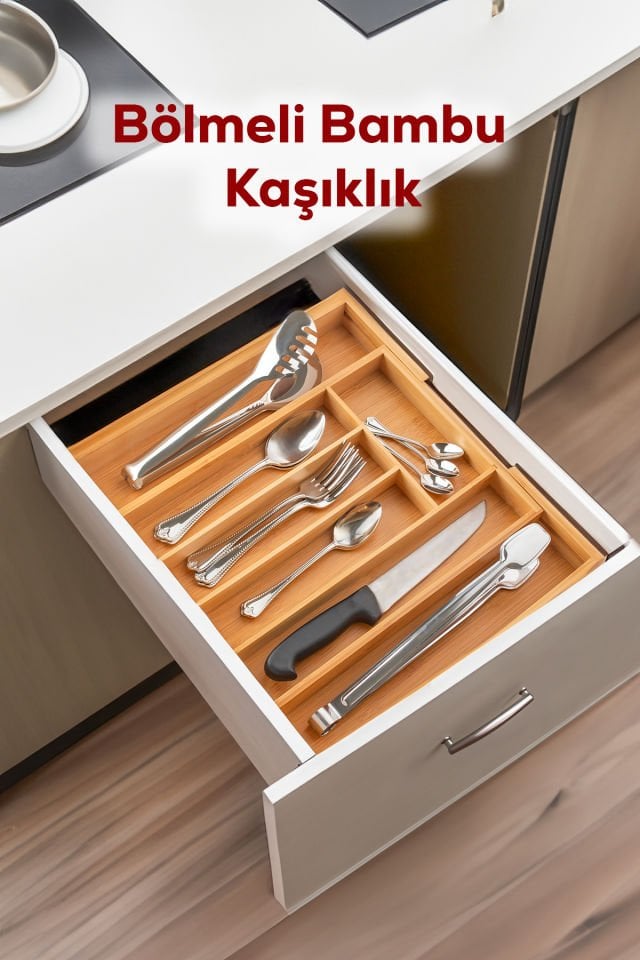 Porsima Ölçü Ayarlı 5-7 Bölmeli Bambu Kaşıklık - Çekmece İçi Tezgah Üstü Kaşıklık Organizer