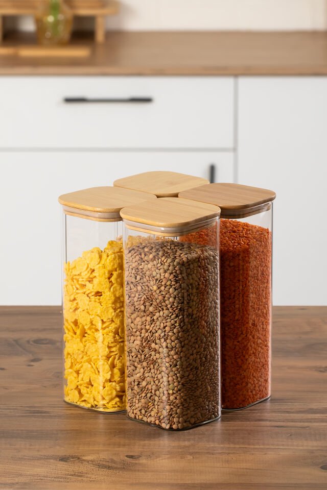 Porsima 7-4 Bambu Vakumlu Kapaklı Kare Borsilikat Cam 4lü Kavanoz Seti Saklama Kabı 1900ml 9,5x27cm