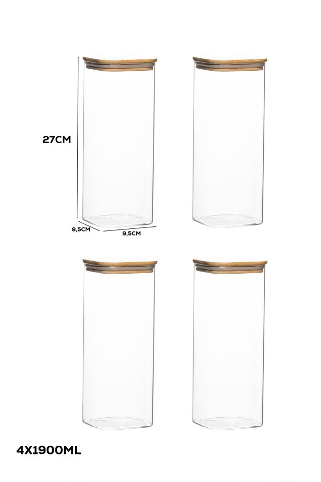 Porsima 7-4 Bambu Vakumlu Kapaklı Kare Borsilikat Cam 4lü Kavanoz Seti Saklama Kabı 1900ml 9,5x27cm