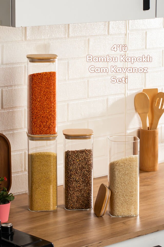 Porsima 7-4 Bambu Vakumlu Kapaklı Kare Borsilikat Cam 4lü Kavanoz Seti Saklama Kabı 1900ml 9,5x27cm