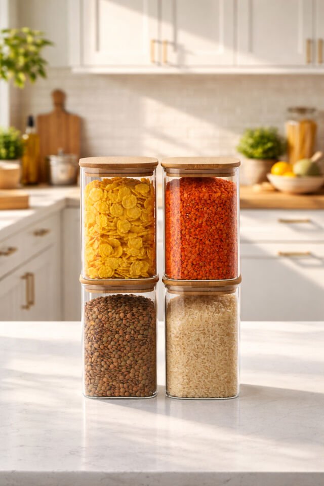 Porsima 6-4 Bambu Vakumlu Kapaklı Kare Borsilikat Cam 4lü Kavanoz Seti Saklama Kabı 1250ml 9,5x15cm
