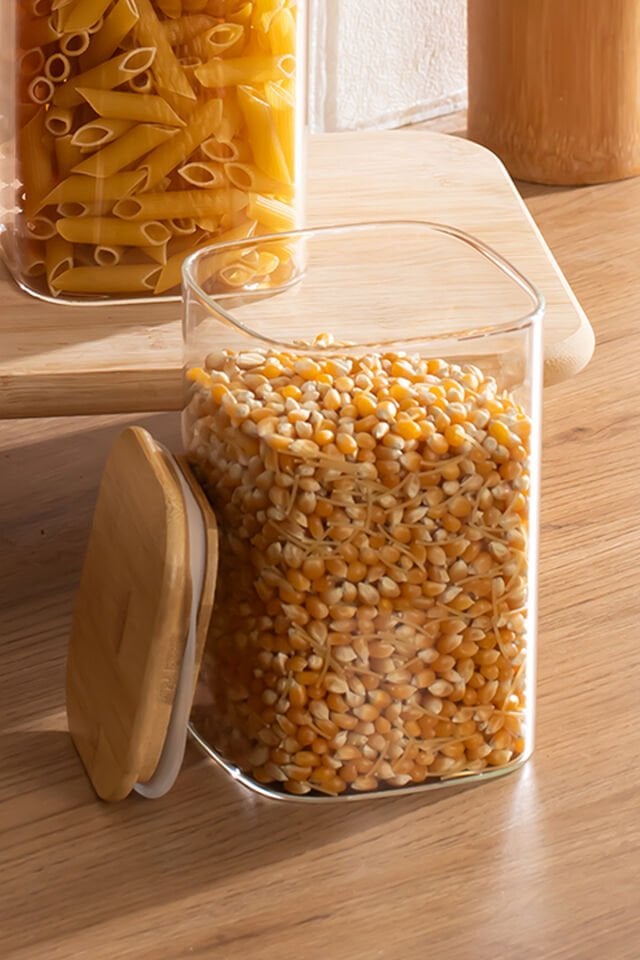 Porsima 6-4 Bambu Vakumlu Kapaklı Kare Borsilikat Cam 4lü Kavanoz Seti Saklama Kabı 1250ml 9,5x15cm