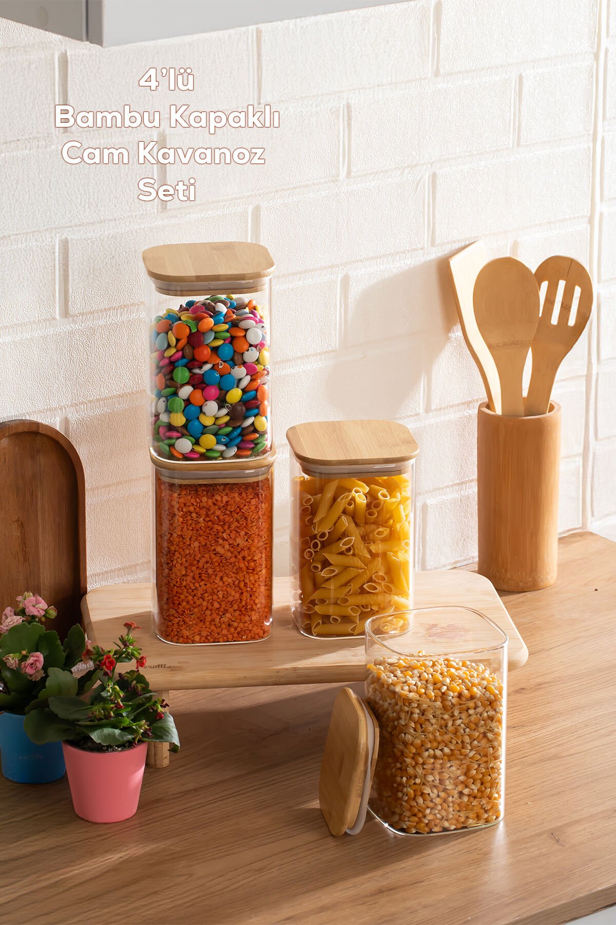 Porsima 6-4 Bambu Vakumlu Kapaklı Kare Borsilikat Cam 4lü Kavanoz Seti Saklama Kabı 1250ml 9,5x15cm