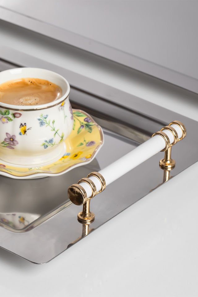 Porsima Yüzük 2li Paslanmaz Çelik Gümüş Kahve Tepsisi Gold Beyaz Detaylı Dekoratif Servis Sunum Tepsisi