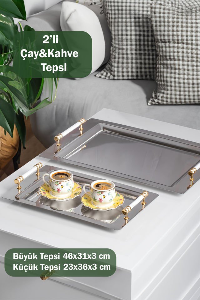 Porsima Yüzük 2li Paslanmaz Çelik Gümüş Kahve Tepsisi Gold Beyaz Detaylı Dekoratif Servis Sunum Tepsisi