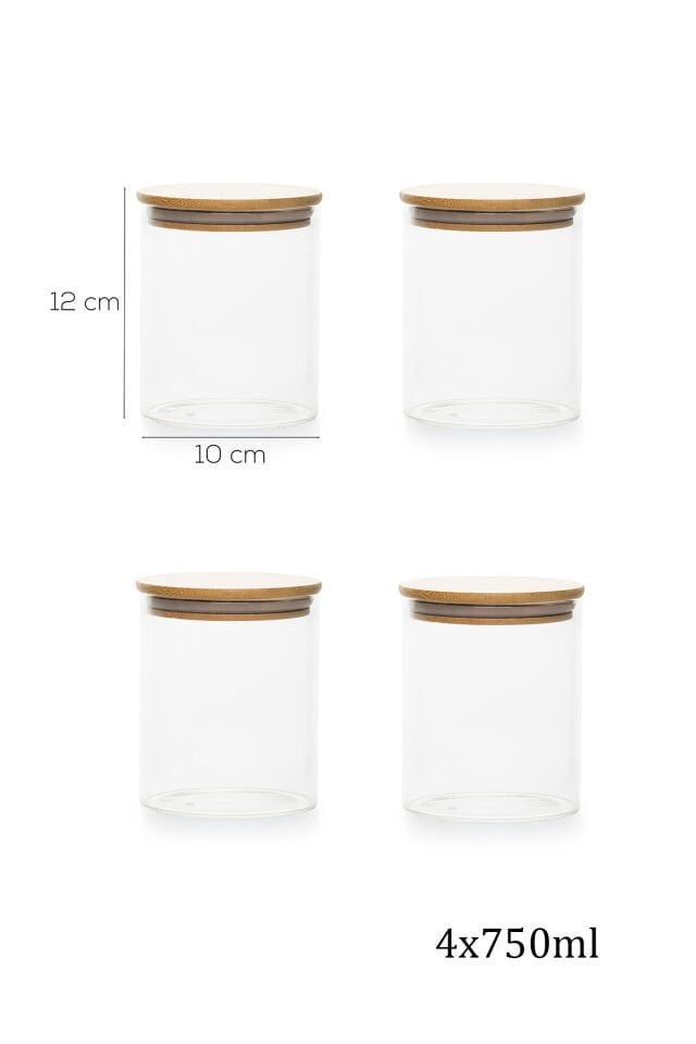 Porsima 1-4 Bambu Vakumlu Kapaklı Yuvarlak Cam 4lü Kavanoz Seti Saklama Kabı 750ml 10x12cm