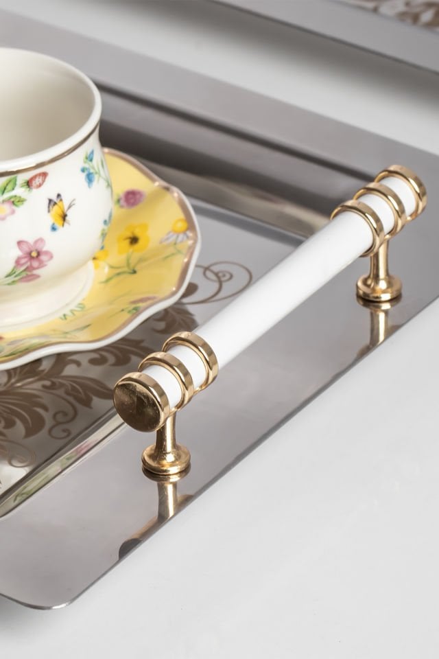 Porsima Yüzük 2li Paslanmaz Çelik Gümüş Kahve Tepsisi Gold Beyaz Desenli Dekoratif Servis Sunum Tepsisi