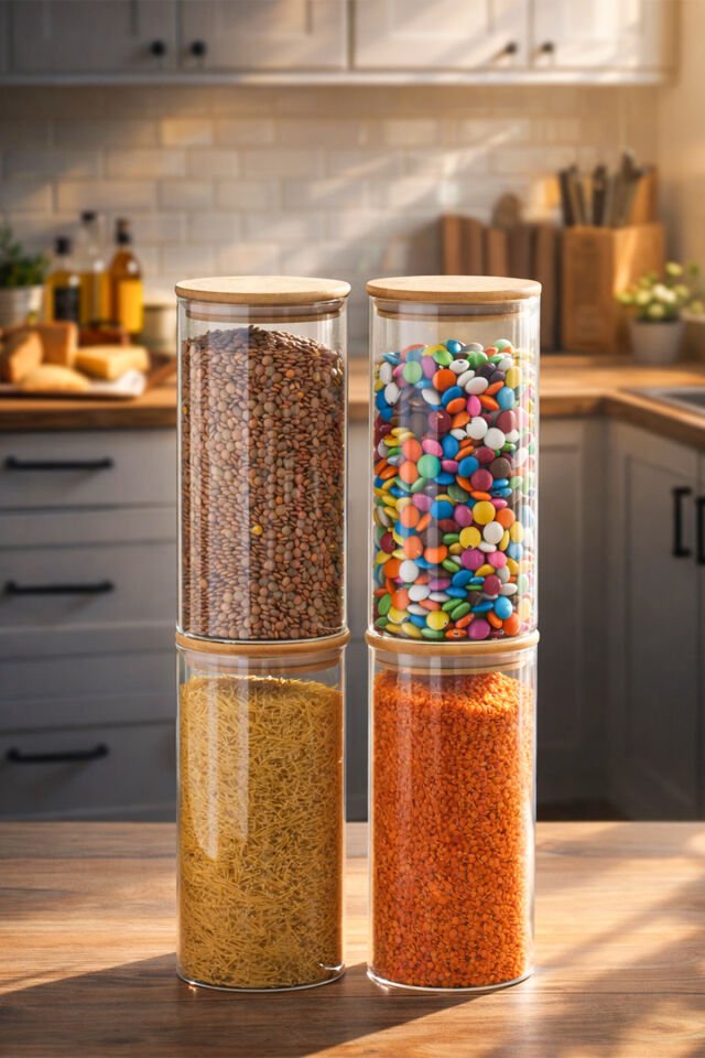 Porsima 3-4 Bambu Vakumlu Kapaklı Yuvarlak Cam 4lü Kavanoz Seti Saklama Kabı 1650ml 10x25cm