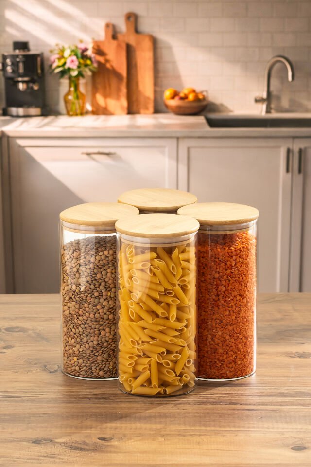 Porsima 3-4 Bambu Vakumlu Kapaklı Yuvarlak Cam 4lü Kavanoz Seti Saklama Kabı 1650ml 10x25cm