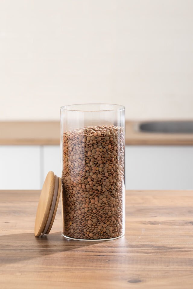 Porsima 3-4 Bambu Vakumlu Kapaklı Yuvarlak Cam 4lü Kavanoz Seti Saklama Kabı 1650ml 10x25cm