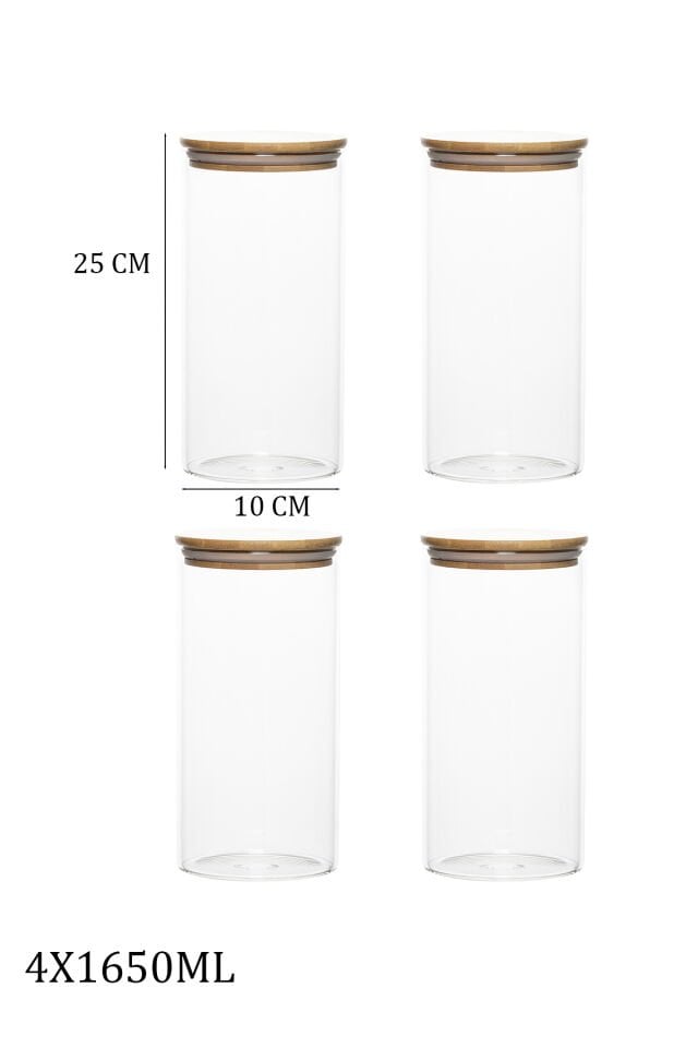 Porsima 3-4 Bambu Vakumlu Kapaklı Yuvarlak Cam 4lü Kavanoz Seti Saklama Kabı 1650ml 10x25cm