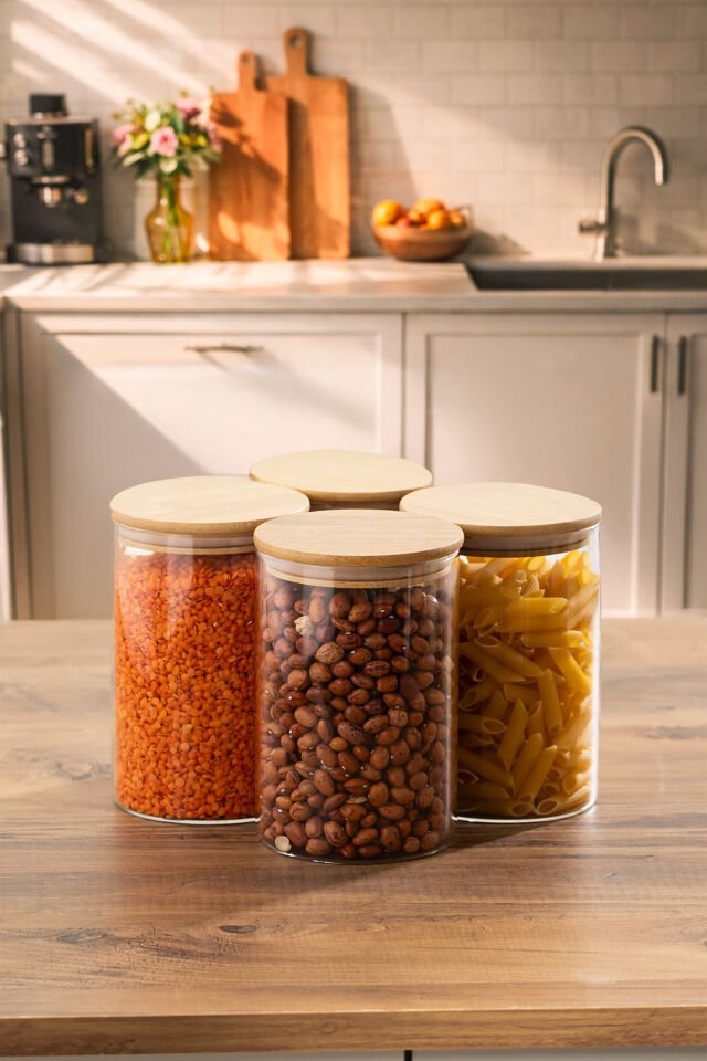 Porsima 2-4 Bambu Vakumlu Kapaklı Yuvarlak Cam 4lü Kavanoz Seti Saklama Kabı 1300ml 10x20cm