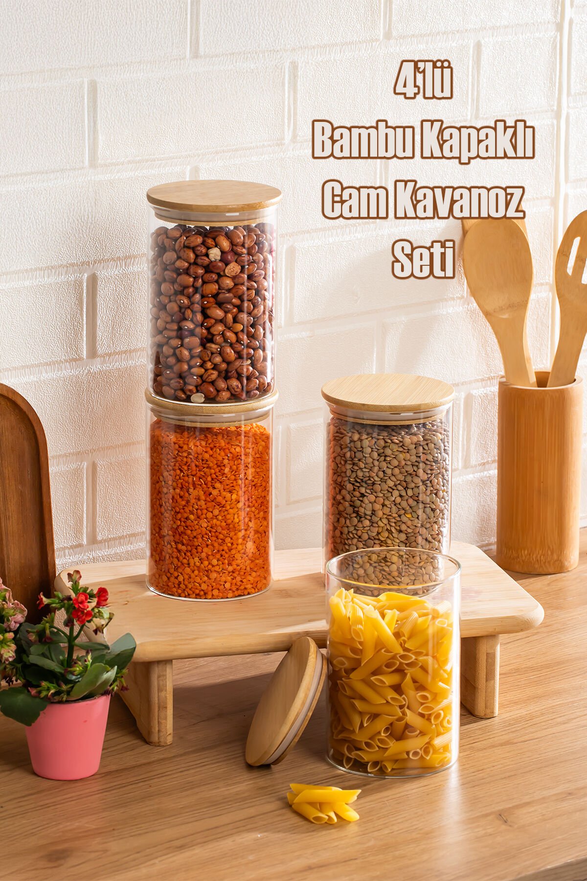 Porsima 2-4 Bambu Vakumlu Kapaklı Yuvarlak Cam 4lü Kavanoz Seti Saklama Kabı 1300ml 10x20cm