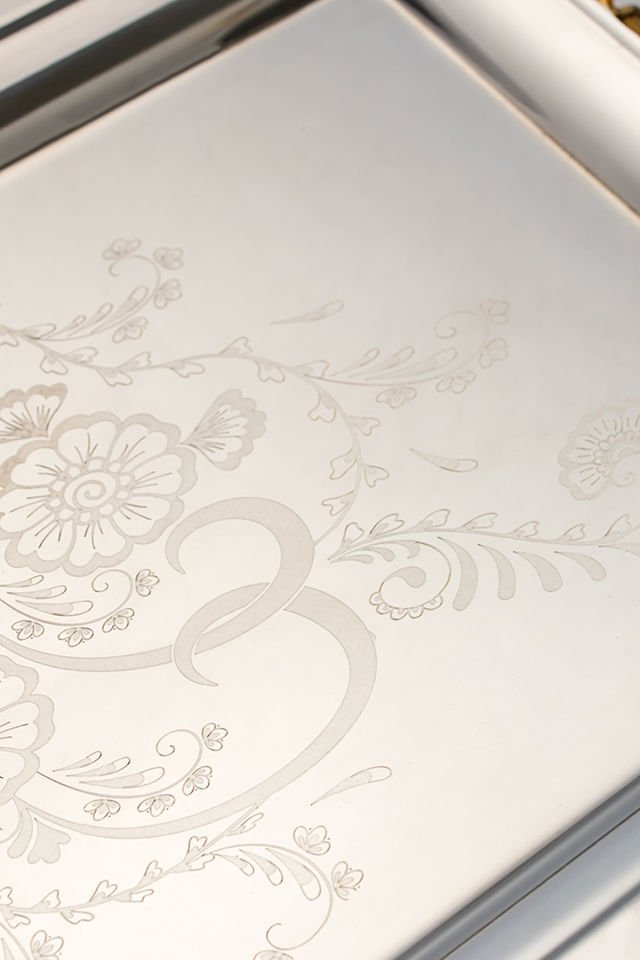 Porsima Gold 2li Paslanmaz Çelik Gümüş Kahve Tepsisi Gold Sİyah Desenli Dekoratif Servis Sunum Tepsisi