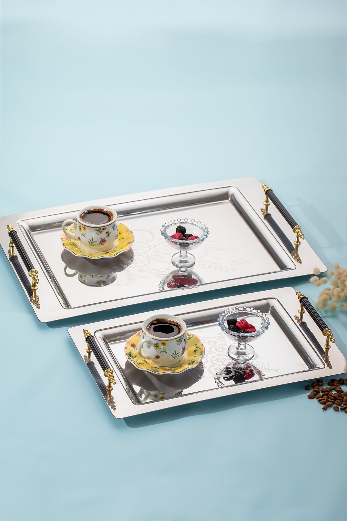 Porsima Gold 2li Paslanmaz Çelik Gümüş Kahve Tepsisi Gold Sİyah Desenli Dekoratif Servis Sunum Tepsisi