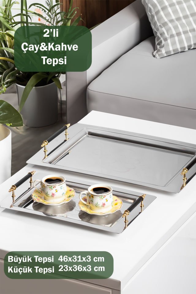 Porsima Gold 2li Paslanmaz Çelik Gümüş Kahve Tepsisi Gold Sİyah Desenli Dekoratif Servis Sunum Tepsisi