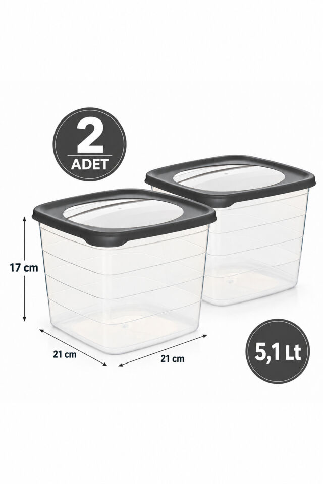 Porsima 0975 Trend 2'li Kare Erzak Saklama Kabı Seti 5,1 Lt Koyu Gri - Büyük Boy Bakliyat, Un & Deterjan Düzenleyici Kutusu