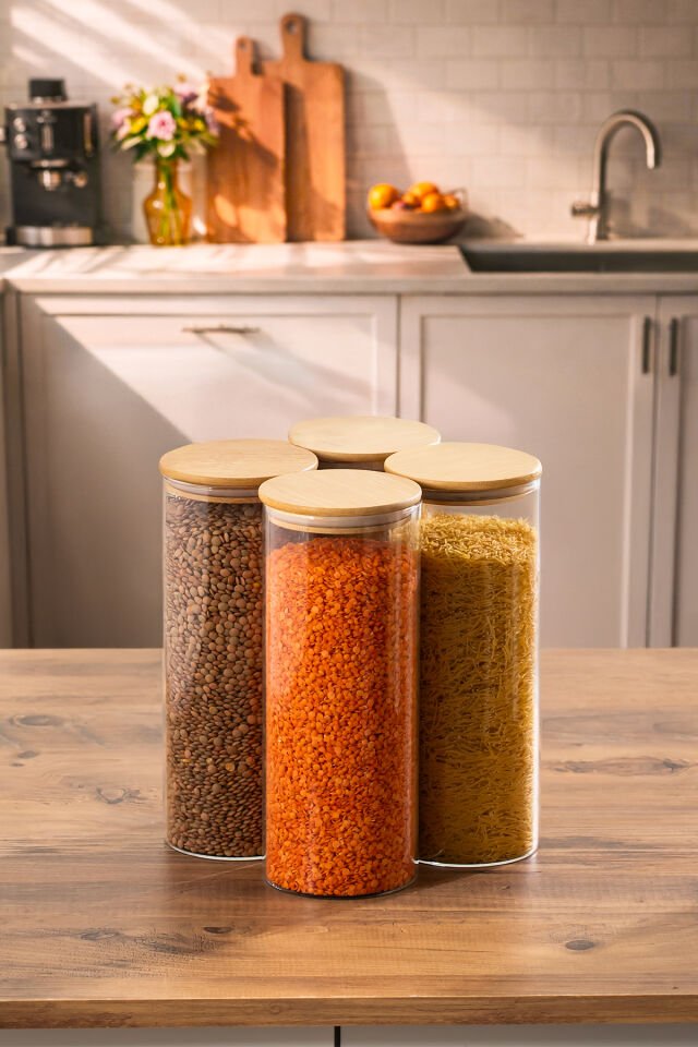 Porsima 4-4 Bambu Vakumlu Kapaklı Yuvarlak Cam 4lü Kavanoz Seti Saklama Kabı 2100ml 10x30cm