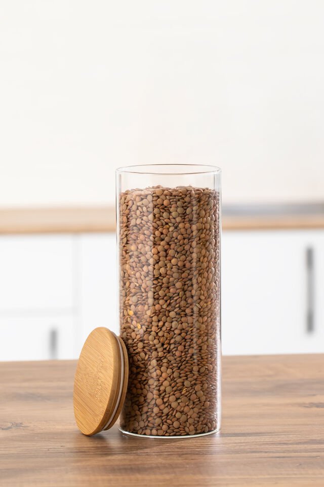 Porsima 4-4 Bambu Vakumlu Kapaklı Yuvarlak Cam 4lü Kavanoz Seti Saklama Kabı 2100ml 10x30cm