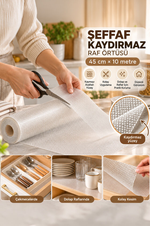 Porsima RF84 Şeffaf Kaydırmaz Raf Örtüsü 45 Cm x 10 Metre - Pıtırık Doku Mutfak Çekmece Ve Dolap İçi Koruyucu Örtü