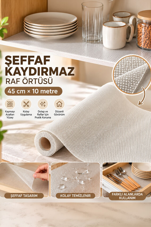 Porsima RF84 Şeffaf Kaydırmaz Raf Örtüsü 45 Cm x 10 Metre - Pıtırık Doku Mutfak Çekmece Ve Dolap İçi Koruyucu Örtü
