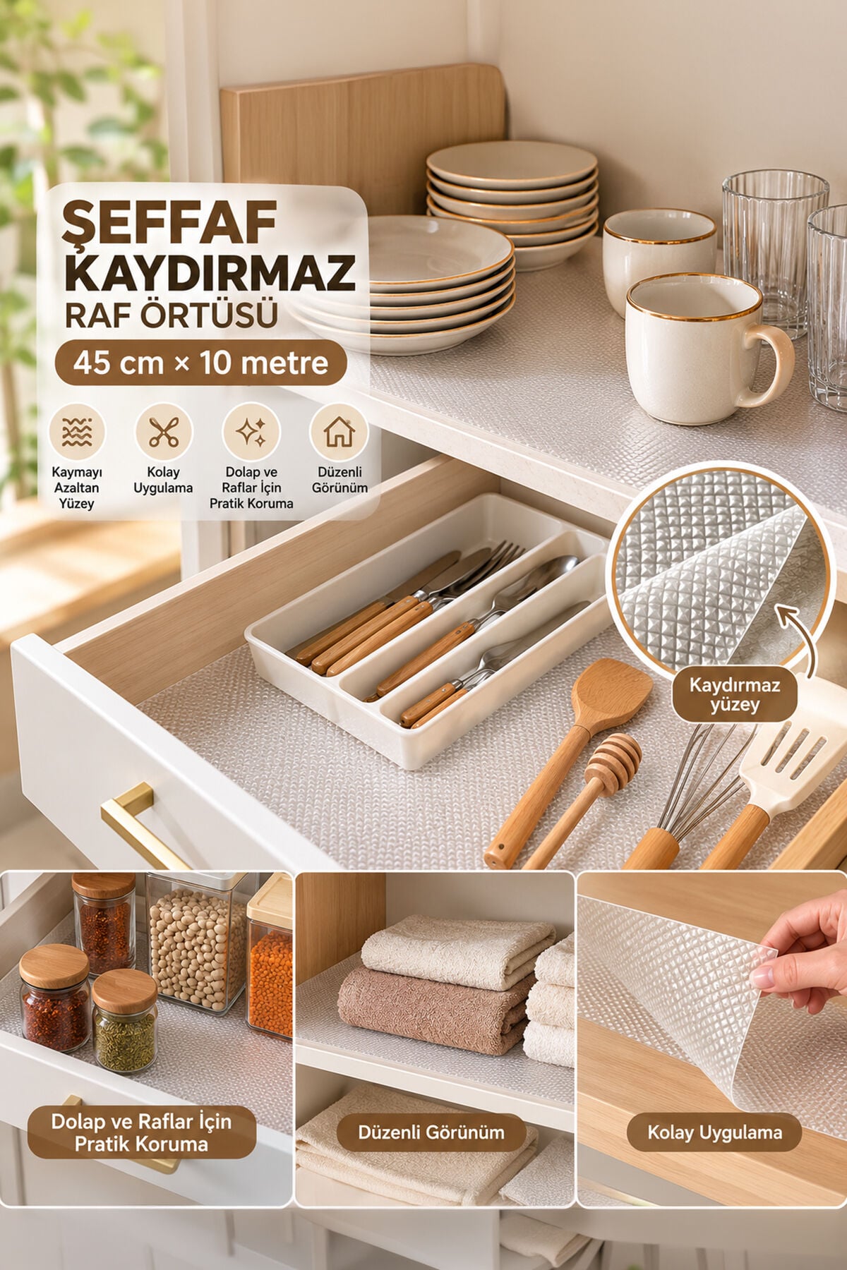 Porsima RF84 Şeffaf Kaydırmaz Raf Örtüsü 45 Cm x 10 Metre - Pıtırık Doku Mutfak Çekmece Ve Dolap İçi Koruyucu Örtü