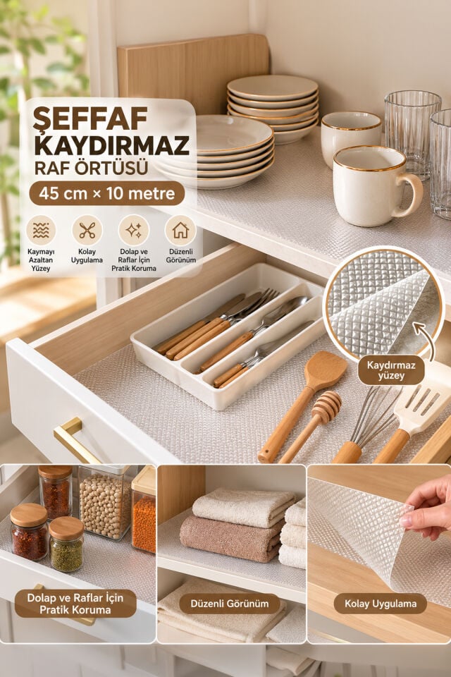 Porsima RF84 Şeffaf Kaydırmaz Raf Örtüsü 45 Cm x 10 Metre - Pıtırık Doku Mutfak Çekmece Ve Dolap İçi Koruyucu Örtü