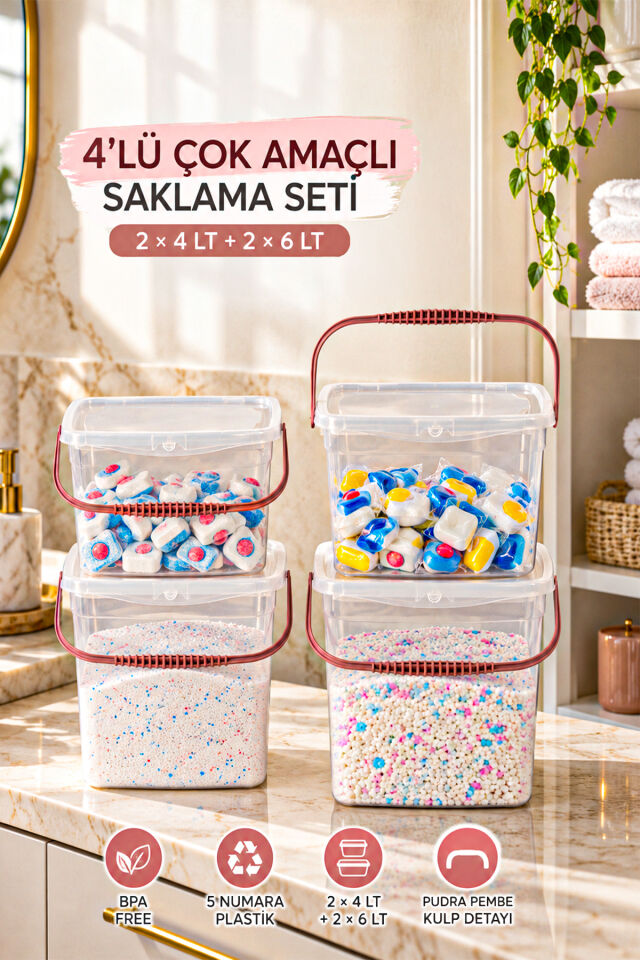 Porsima 1195 Q-Box 4'lü Kulplu Erzak Ve Saklama Kabı Seti (2x4 Lt + 2x6 Lt) - Kilitli Kapaklı Çok Amaçlı Deterjan Ve Bakliyat Kutusu (Koyu Pudra)