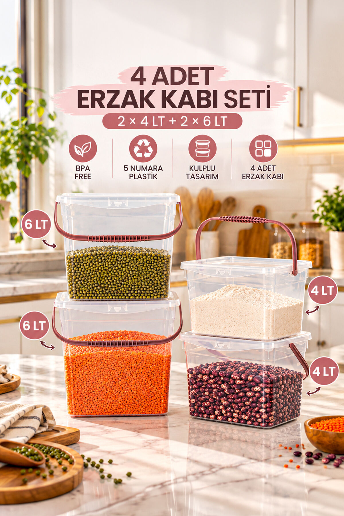 Porsima 1195 Q-Box 4'lü Kulplu Erzak Ve Saklama Kabı Seti (2x4 Lt + 2x6 Lt) - Kilitli Kapaklı Çok Amaçlı Deterjan Ve Bakliyat Kutusu (Koyu Pudra)