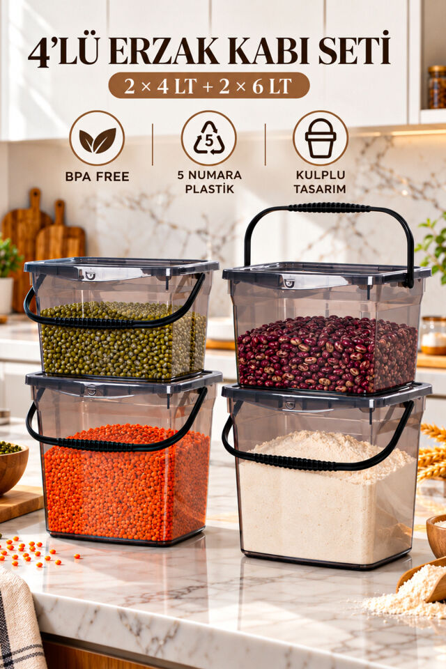 Porsima 1195 Q-Box 4'lü Kulplu Erzak Ve Saklama Kabı Seti (2x4 Lt + 2x6 Lt) - Kilitli Kapaklı Çok Amaçlı Deterjan Ve Bakliyat Kutusu (Siyah)