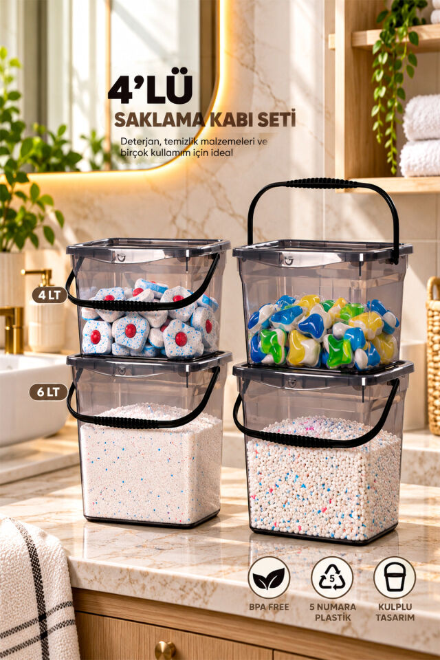 Porsima 1195 Q-Box 4'lü Kulplu Erzak Ve Saklama Kabı Seti (2x4 Lt + 2x6 Lt) - Kilitli Kapaklı Çok Amaçlı Deterjan Ve Bakliyat Kutusu (Siyah)