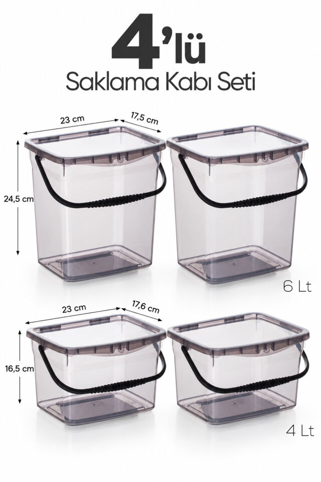 Porsima 1195 Q-Box 4'lü Kulplu Erzak Ve Saklama Kabı Seti (2x4 Lt + 2x6 Lt) - Kilitli Kapaklı Çok Amaçlı Deterjan Ve Bakliyat Kutusu (Siyah)