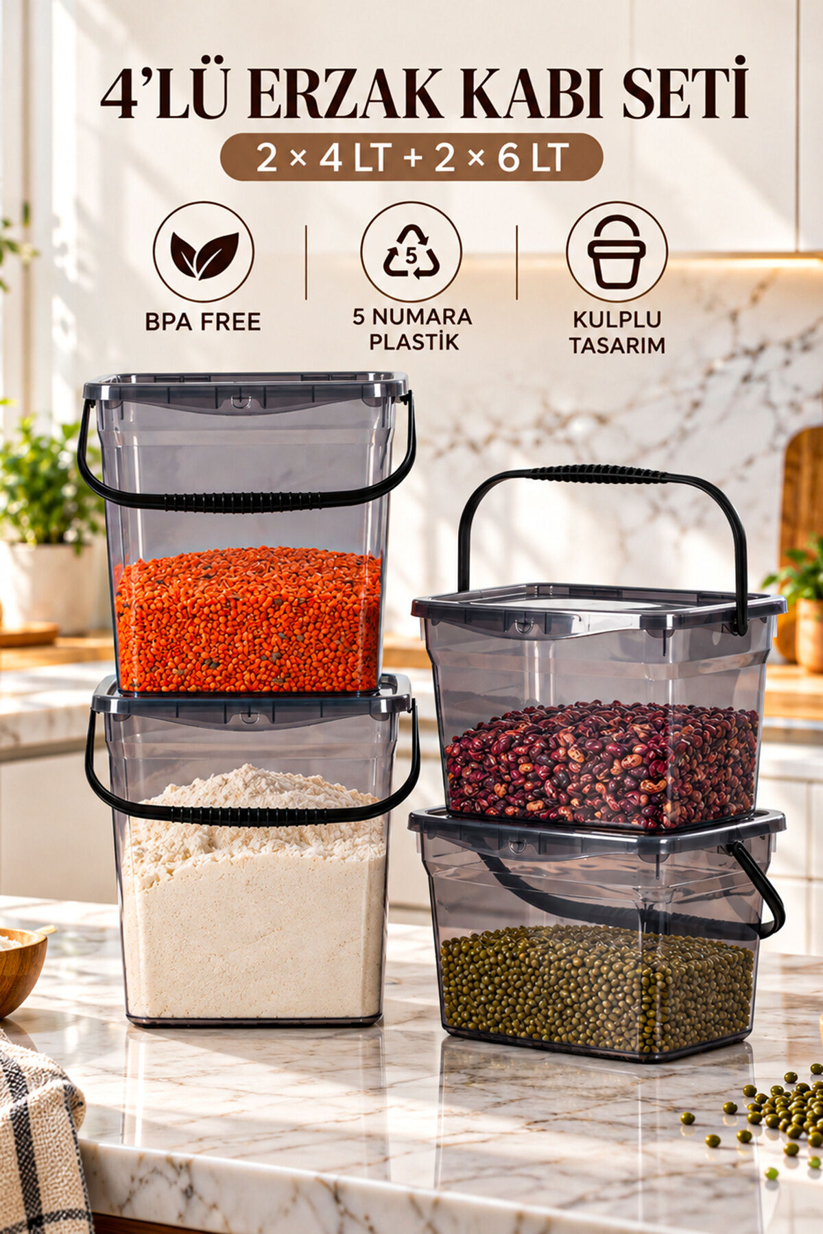 Porsima 1195 Q-Box 4'lü Kulplu Erzak Ve Saklama Kabı Seti (2x4 Lt + 2x6 Lt) - Kilitli Kapaklı Çok Amaçlı Deterjan Ve Bakliyat Kutusu (Siyah)