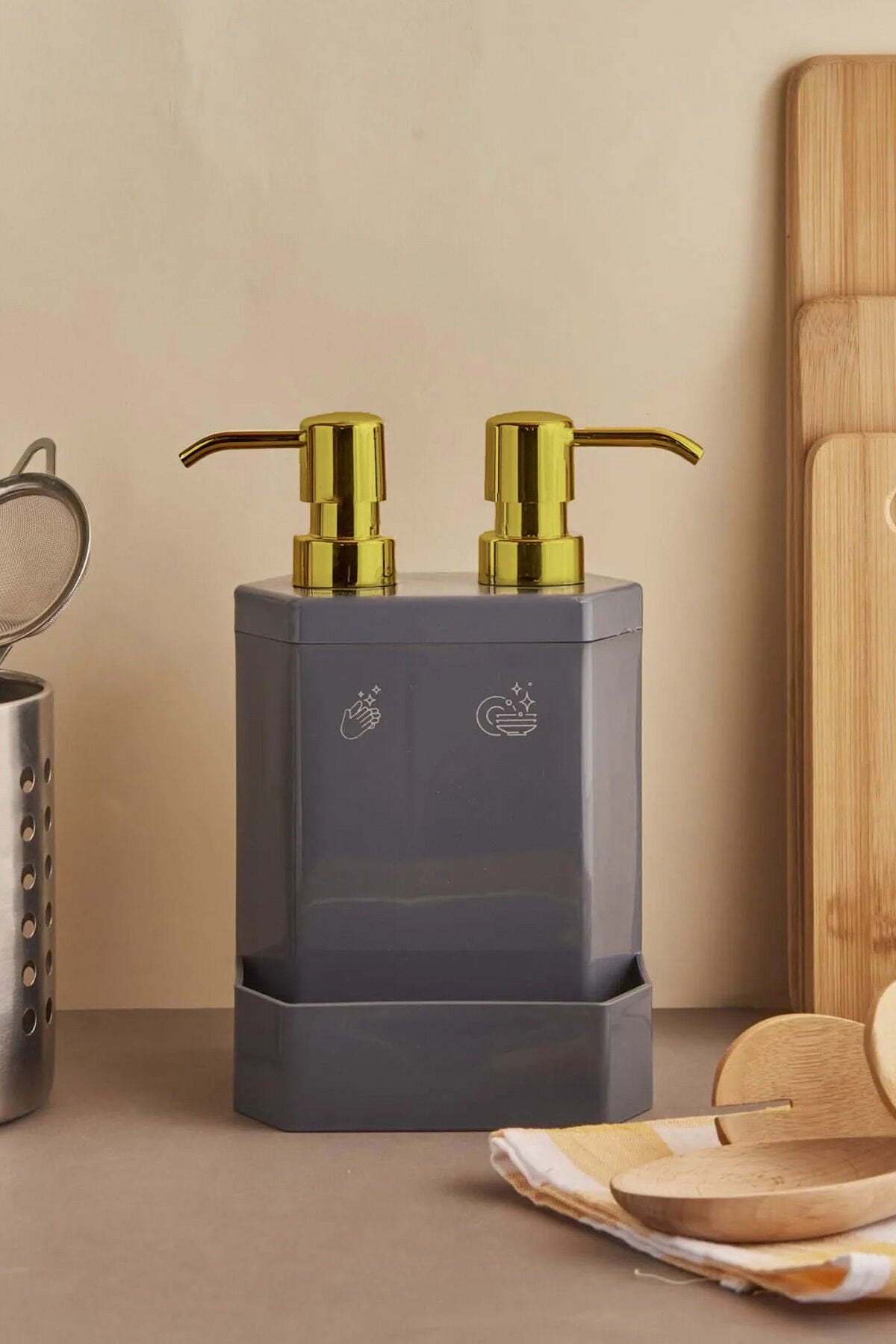 Perotti 13136-1 Marlon Lecce Gold Başlıklı 2li Süngerlik Hazneli Mutfak Sıvı Sabunluk Gri