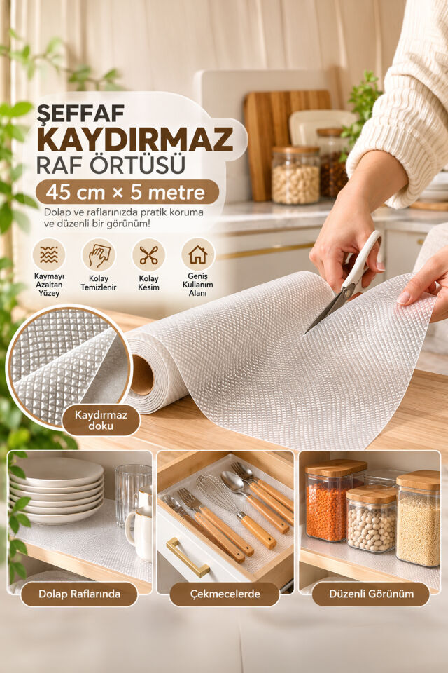 Porsima RF55 Şeffaf Kaydırmaz Raf Örtüsü 45 Cm x 5 Metre - Pıtırık Doku Mutfak Çekmece Ve Dolap İçi Koruyucu Örtü